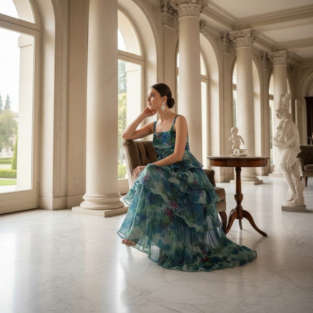 Taylor Watercolor Tiered Ruffle Gown – Size 8, NW - Picture 2 of 6